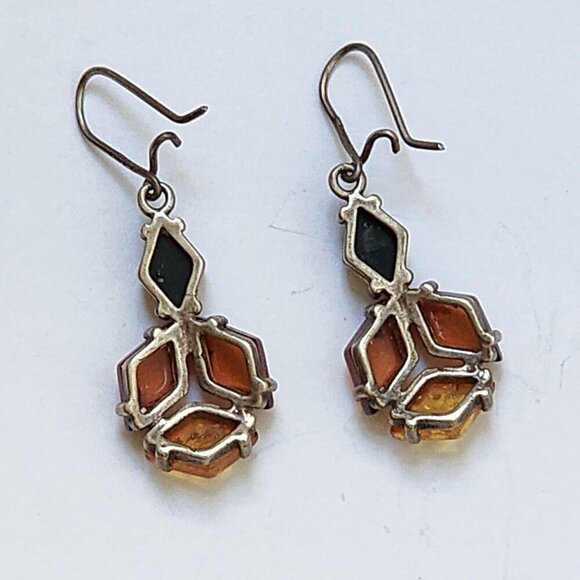 Sterling Silver 925 Gold Orange & Green Amber Dangle Earrings - Picture 2 of 4
